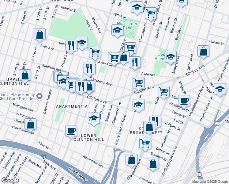 map of restaurants, bars, coffee shops, grocery stores, and more near 153 Badger Avenue in Newark