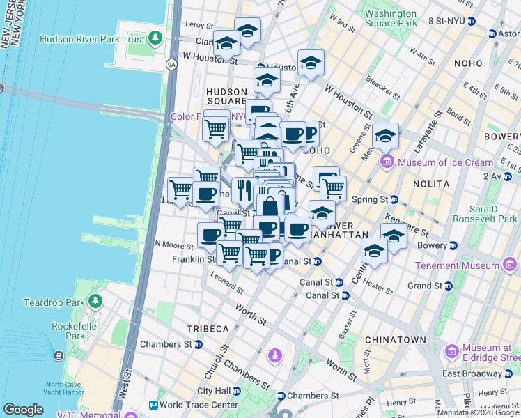 map of restaurants, bars, coffee shops, grocery stores, and more near Canal Street & 6th Avenue in New York