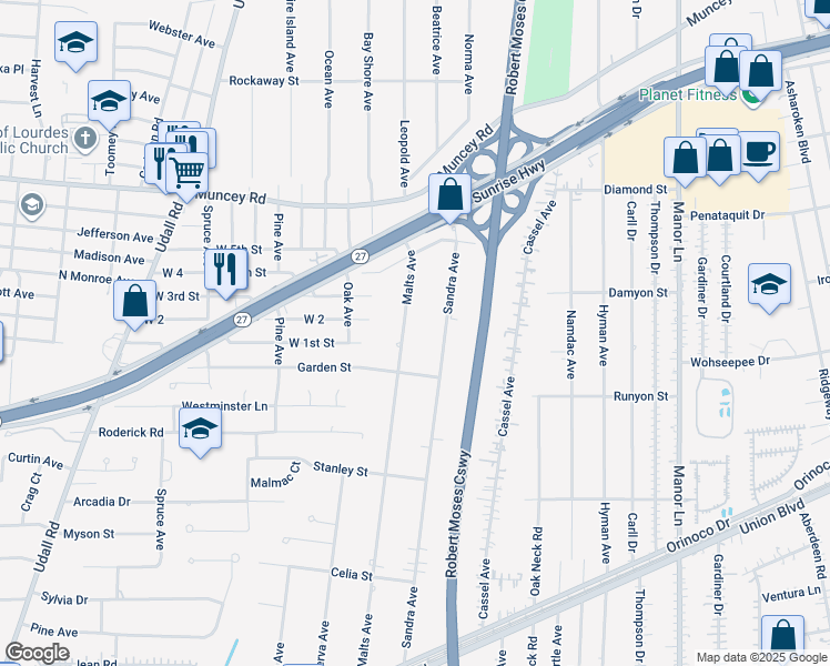 map of restaurants, bars, coffee shops, grocery stores, and more near 195 Malts Avenue in West Islip