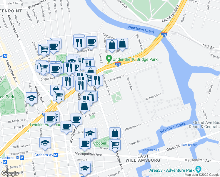 map of restaurants, bars, coffee shops, grocery stores, and more near 108 Beadel Street in Brooklyn