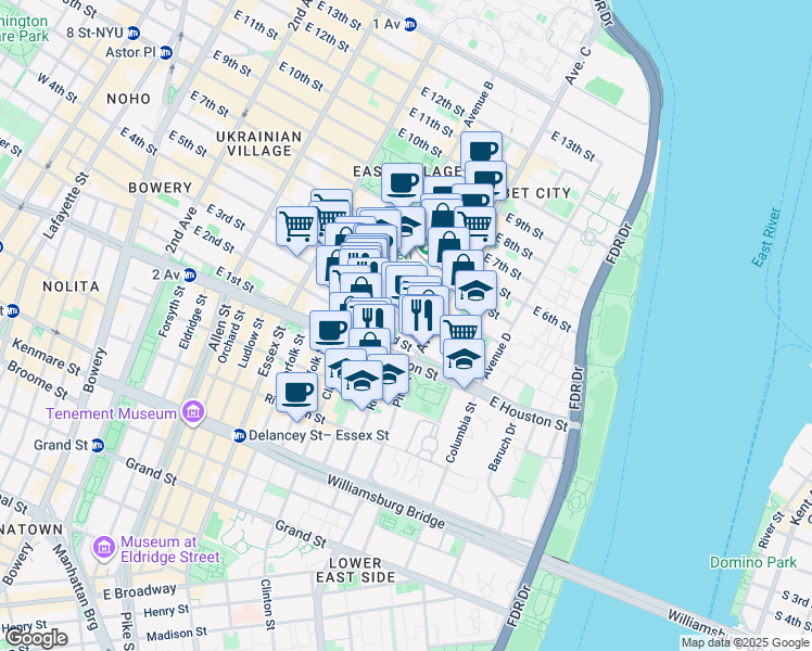 map of restaurants, bars, coffee shops, grocery stores, and more near 242 East 3rd Street in New York