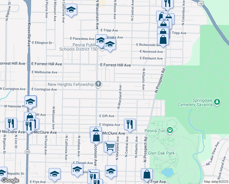 map of restaurants, bars, coffee shops, grocery stores, and more near 916 East Corrington Avenue in Peoria