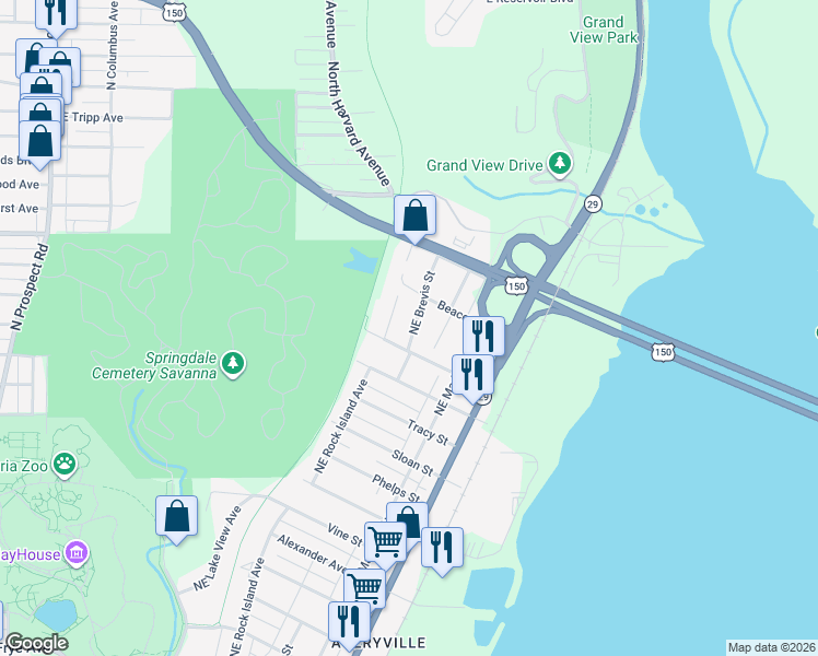 map of restaurants, bars, coffee shops, grocery stores, and more near 3511 Northeast Brevis Street in Peoria