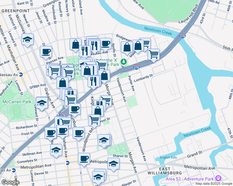 map of restaurants, bars, coffee shops, grocery stores, and more near 75 Beadel Street in Brooklyn