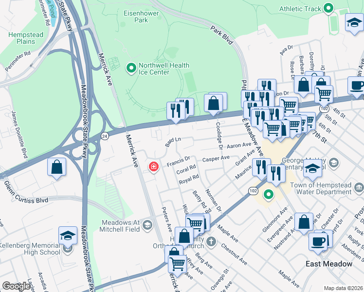 map of restaurants, bars, coffee shops, grocery stores, and more near 1796 Bard Lane in East Meadow