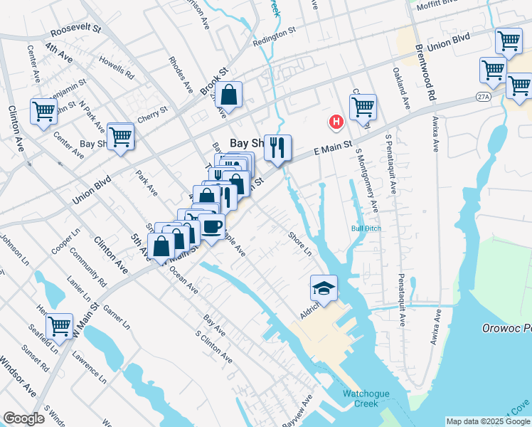 map of restaurants, bars, coffee shops, grocery stores, and more near 20 Shore Lane in Bay Shore