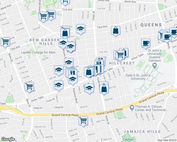 map of restaurants, bars, coffee shops, grocery stores, and more near 160-40 78th Road in Queens