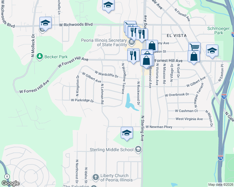 map of restaurants, bars, coffee shops, grocery stores, and more near 2714 West Overbrook Drive in Peoria