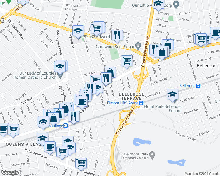 map of restaurants, bars, coffee shops, grocery stores, and more near 9418 226th Street in Floral Park