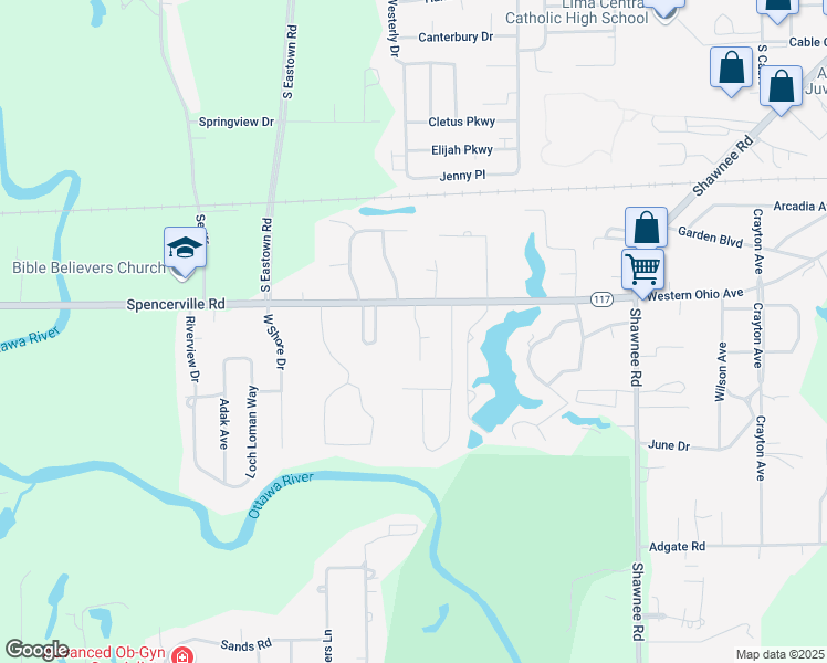 map of restaurants, bars, coffee shops, grocery stores, and more near 1412 Trebor Drive in Lima