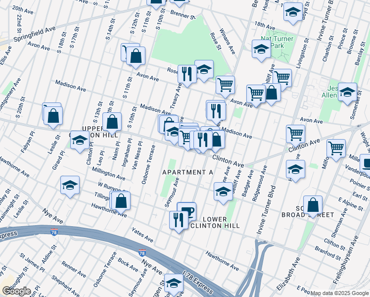 map of restaurants, bars, coffee shops, grocery stores, and more near Clinton Avenue & Seymour Avenue in Newark