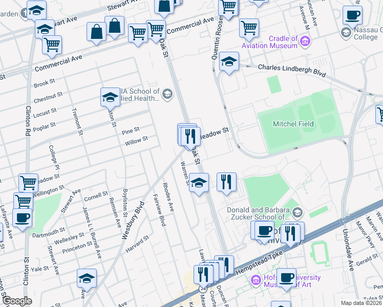 map of restaurants, bars, coffee shops, grocery stores, and more near 315 Oak Street in Uniondale