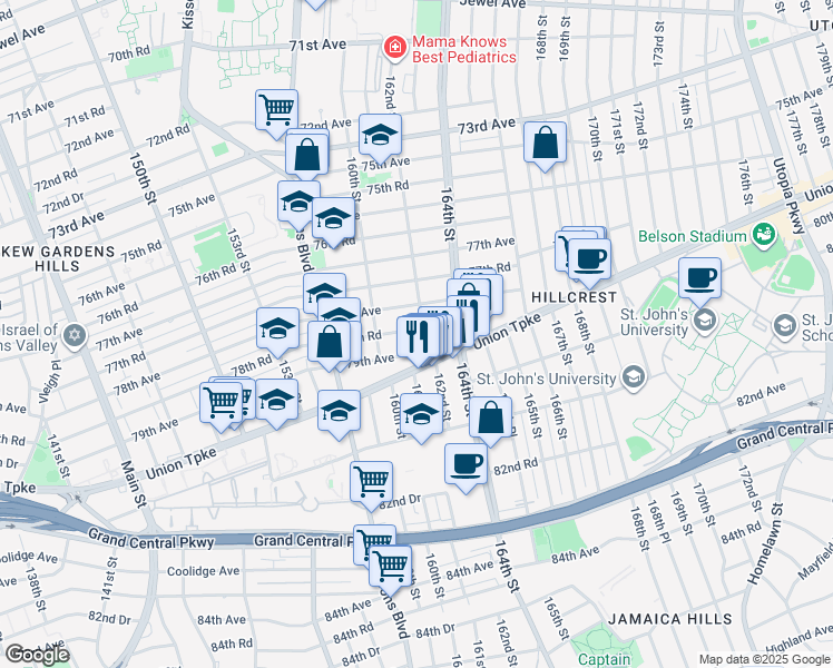 map of restaurants, bars, coffee shops, grocery stores, and more near 160-40 78th Road in Queens