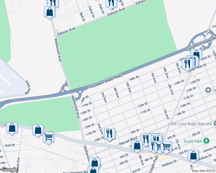 map of restaurants, bars, coffee shops, grocery stores, and more near 519 18th Street in West Babylon