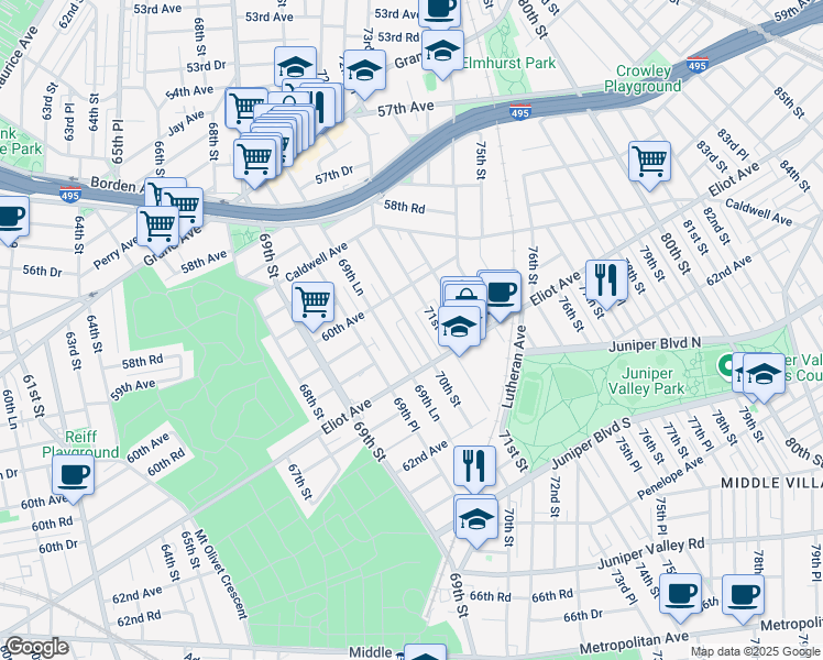 map of restaurants, bars, coffee shops, grocery stores, and more near 60-39 70th Street in Queens