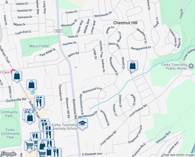 map of restaurants, bars, coffee shops, grocery stores, and more near 245 Kirkland Road in Easton