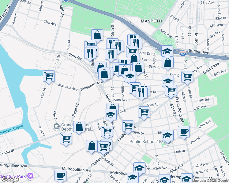 map of restaurants, bars, coffee shops, grocery stores, and more near 57-40 58th Street in Queens