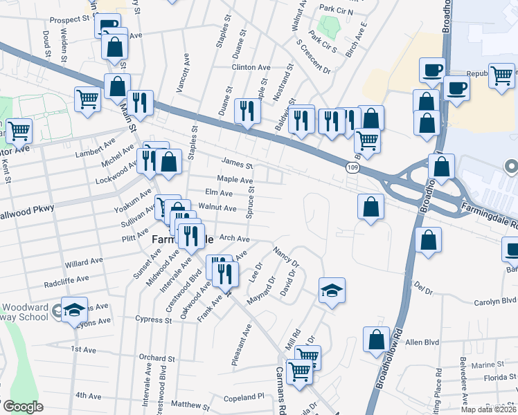 map of restaurants, bars, coffee shops, grocery stores, and more near 27 Walnut Avenue in Farmingdale