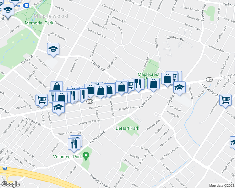 map of restaurants, bars, coffee shops, grocery stores, and more near 1730 Springfield Avenue in Maplewood