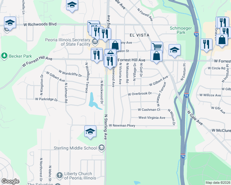 map of restaurants, bars, coffee shops, grocery stores, and more near 2810 North Renwood Avenue in Peoria