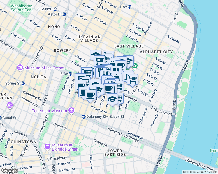 map of restaurants, bars, coffee shops, grocery stores, and more near 250 East Houston Street in New York
