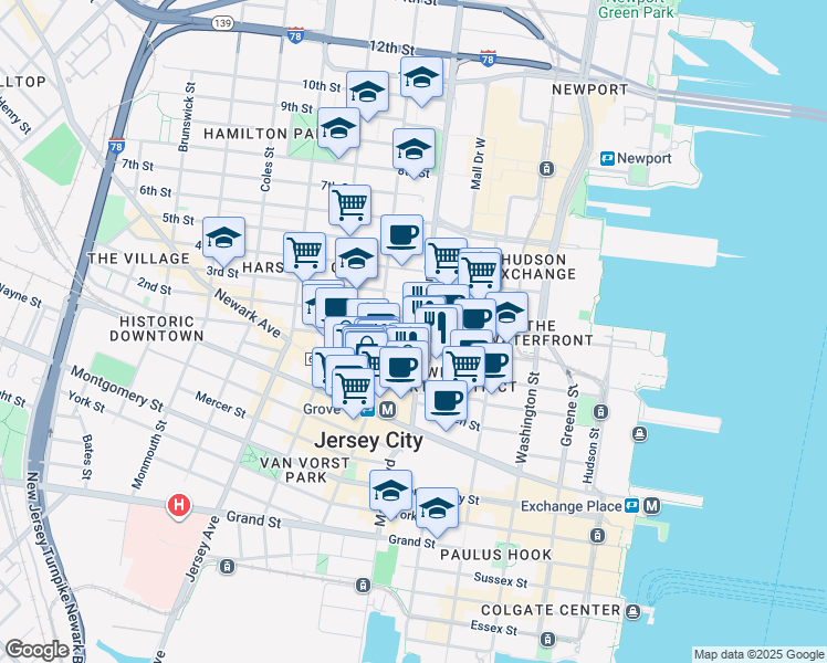 map of restaurants, bars, coffee shops, grocery stores, and more near 351 Marin Boulevard in Jersey City
