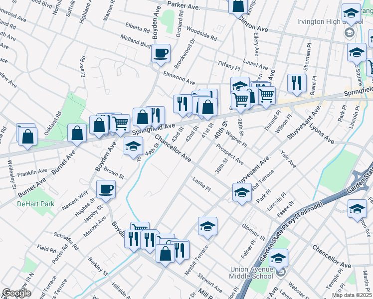map of restaurants, bars, coffee shops, grocery stores, and more near 54 42nd Street in Irvington