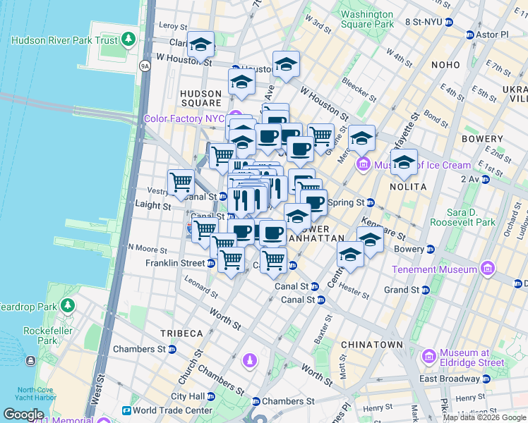 map of restaurants, bars, coffee shops, grocery stores, and more near 323 West Broadway in New York