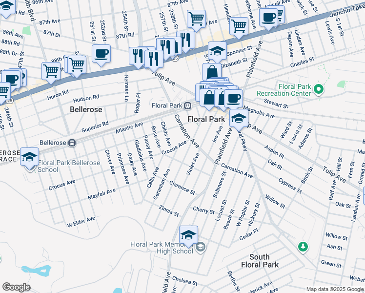 map of restaurants, bars, coffee shops, grocery stores, and more near 10 Crocus Avenue in Floral Park