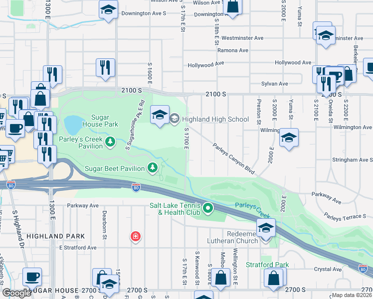 map of restaurants, bars, coffee shops, grocery stores, and more near 2251 South 1700 East in Salt Lake City