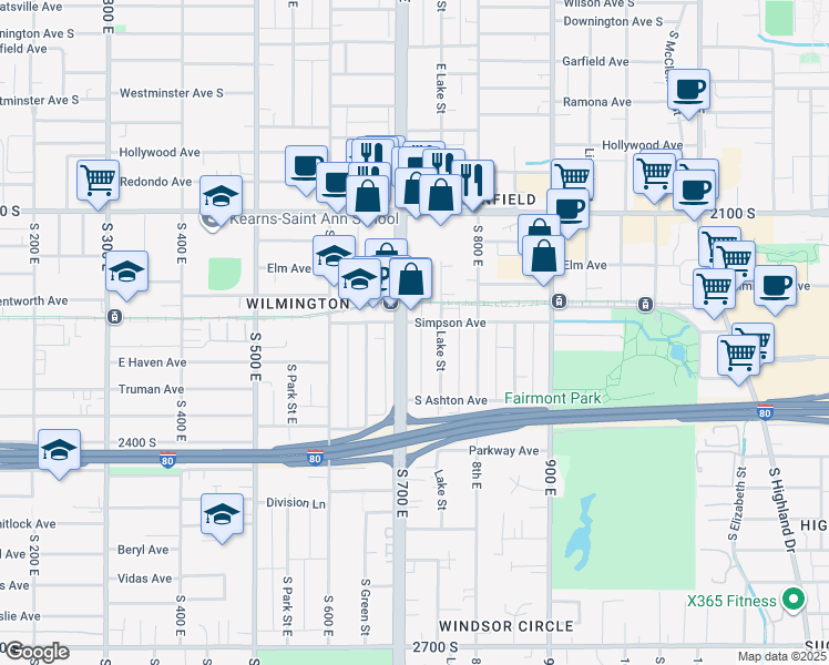 map of restaurants, bars, coffee shops, grocery stores, and more near 2248 Lake Street in Salt Lake City