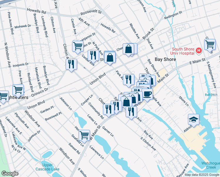 map of restaurants, bars, coffee shops, grocery stores, and more near 53 5th Avenue in Bay Shore