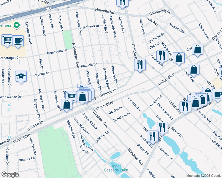map of restaurants, bars, coffee shops, grocery stores, and more near 106 Orinoco Drive in Brightwaters