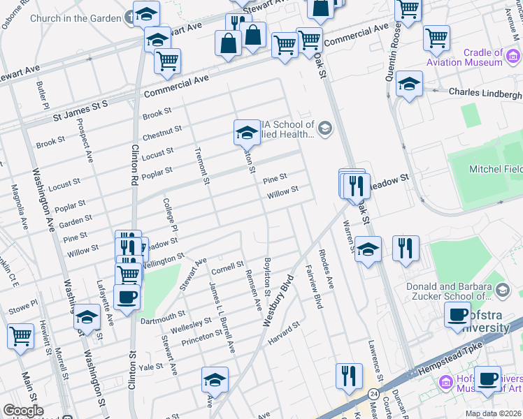 map of restaurants, bars, coffee shops, grocery stores, and more near 5 Boylston Street in Garden City