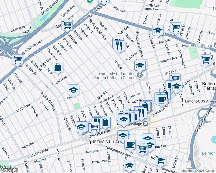 map of restaurants, bars, coffee shops, grocery stores, and more near 92-32 217th Street in Queens