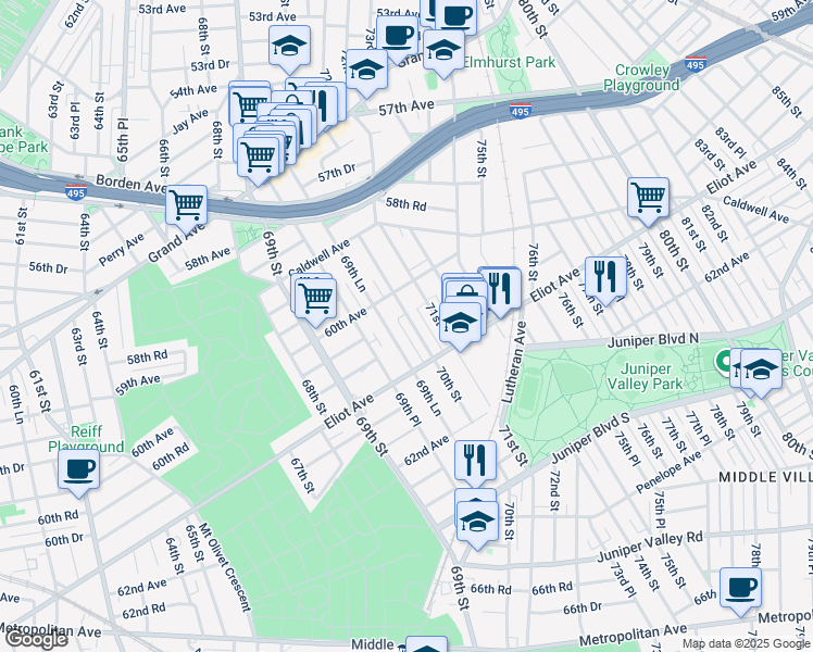 map of restaurants, bars, coffee shops, grocery stores, and more near 60-39 70th Street in Queens