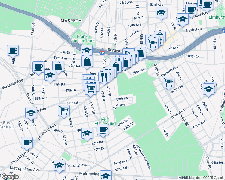 map of restaurants, bars, coffee shops, grocery stores, and more near 5738 65th Street in Queens