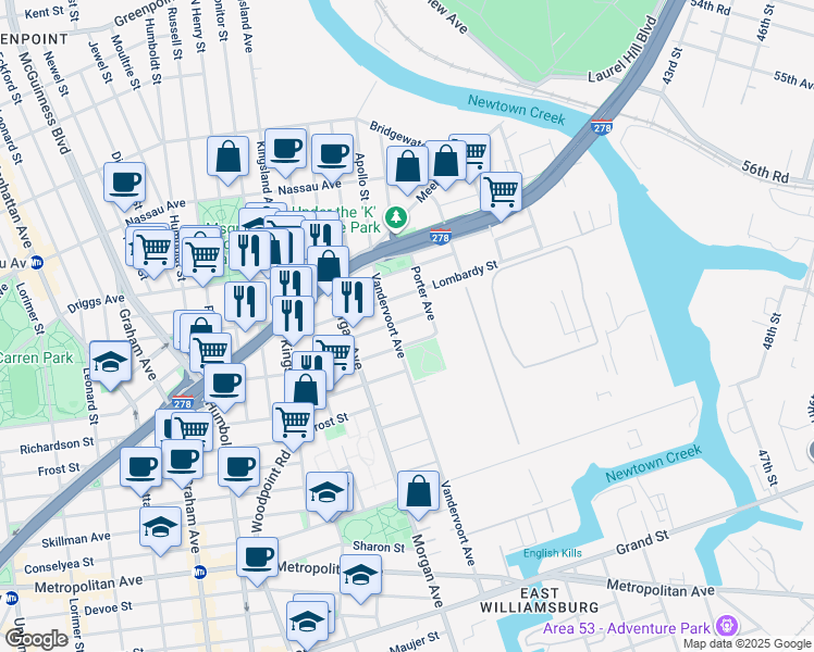 map of restaurants, bars, coffee shops, grocery stores, and more near 108 Beadel Street in Brooklyn