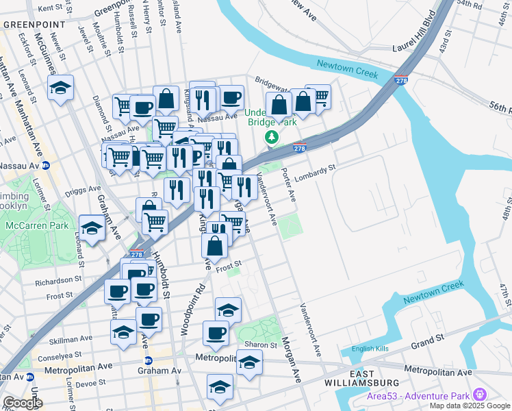 map of restaurants, bars, coffee shops, grocery stores, and more near 75 Beadel Street in Brooklyn