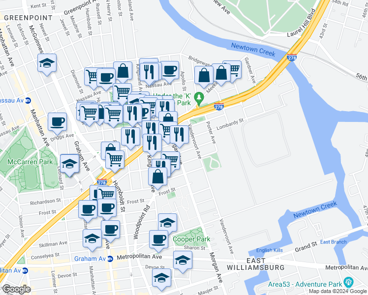 map of restaurants, bars, coffee shops, grocery stores, and more near 75 Beadel Street in Brooklyn