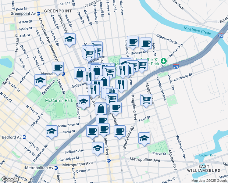 map of restaurants, bars, coffee shops, grocery stores, and more near 161 Engert Avenue in Brooklyn