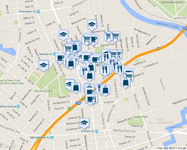 map of restaurants, bars, coffee shops, grocery stores, and more near 161 Engert Avenue in Brooklyn