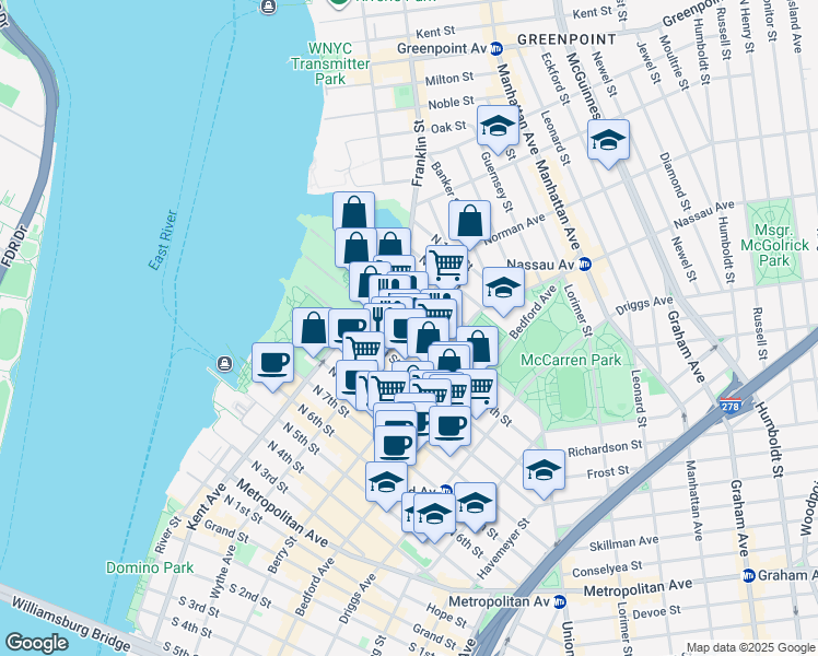 map of restaurants, bars, coffee shops, grocery stores, and more near 111 North 12th Street in Brooklyn