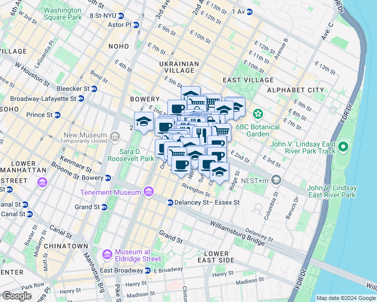 map of restaurants, bars, coffee shops, grocery stores, and more near 11 A Avenue in New York