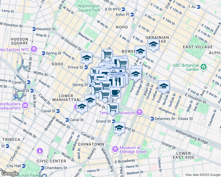 map of restaurants, bars, coffee shops, grocery stores, and more near 220 Bowery in New York