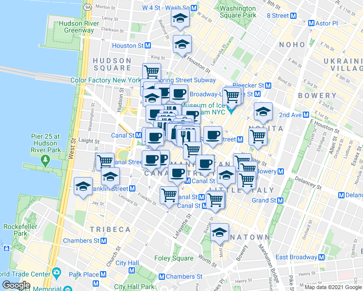 map of restaurants, bars, coffee shops, grocery stores, and more near 78 Grand Street in New York