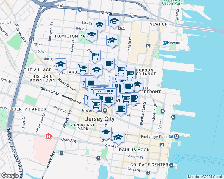 map of restaurants, bars, coffee shops, grocery stores, and more near 364 Marin Boulevard in Jersey City