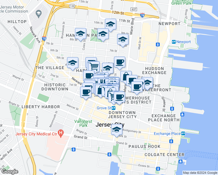 map of restaurants, bars, coffee shops, grocery stores, and more near in Jersey City