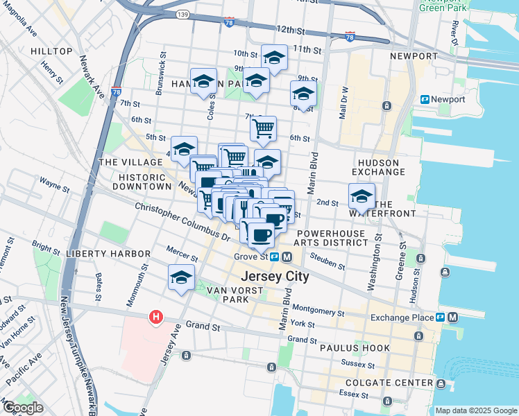 map of restaurants, bars, coffee shops, grocery stores, and more near in Jersey City