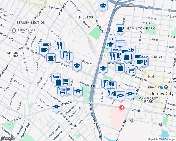 map of restaurants, bars, coffee shops, grocery stores, and more near 9 Chopin Court in Jersey City
